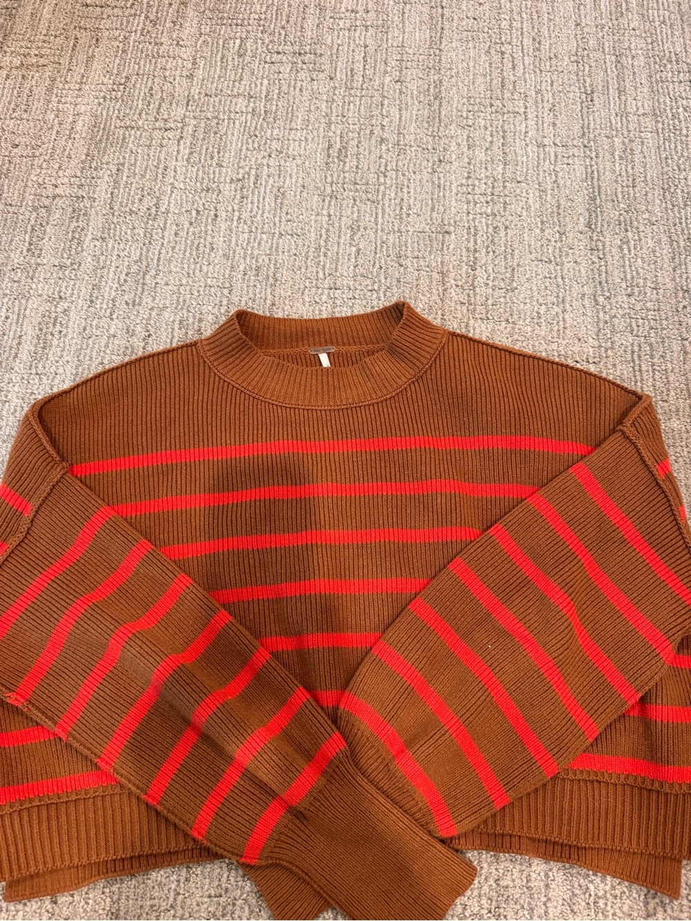 Free People Brown Crewneck Sweater with Red Stripes